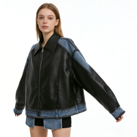 Veste en cuir et denim patchwork pour femme, noire, surdimensionnée, effet deux pièces, style motard, personnalisable
