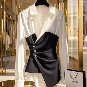 Black and White Contrasting Color <b>Shirt</b>, High-end Women's Clothing, Slanted Button Pleated Top Fashion - Product Image 5