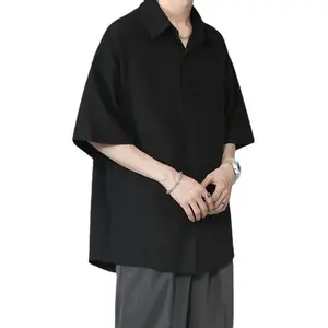 夏季新款高级日本休闲男式短袖衬衫男式宽松实心大衬衫男式空降马球