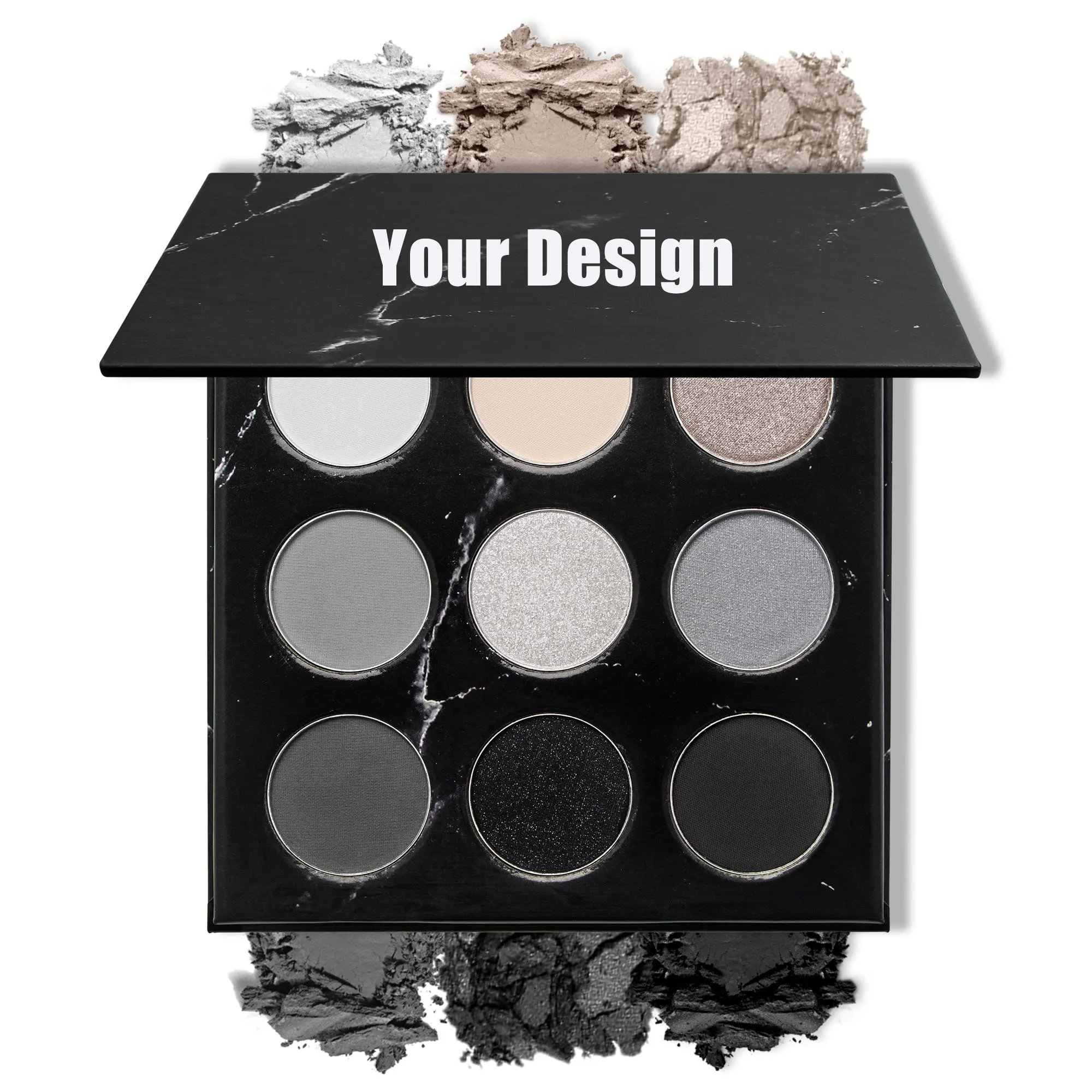 Ihr Logo 9 Farben Schwarz Grau Lila Grün Rauchige Lidschatten-Palette Pigmentiert Weiß Schimmer Puder Lidschatten OEM Make-up Kosmetik