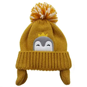 Super Cute Custom Penguin Design Ski Cap Big Pompom children Kids Winter Hats with Fleece Lining