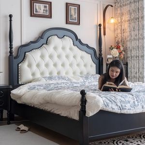 Cama de Madera Maciza Estilo Americano, Diseño Hepburn Negro, Tamaño Doble, Madera de Caucho, Muebles de Dormitorio Modernos de Lujo Francés - Product Image 4