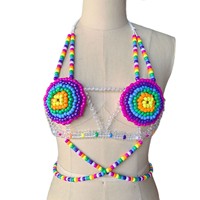 2026 Tenue de festival rave faite main avec perles Pony, Cache-maillot de bain sexy, Harnais Kandi, Haut perlé Halter, Chaîne de corps, Soutien-gorge Kandi arc-en-ciel