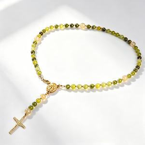 Collier chapelet en pierre naturelle avec pendentif croix médaille Vierge Marie plaqué or, bijoux de prière catholique pour femme - Product Image 1