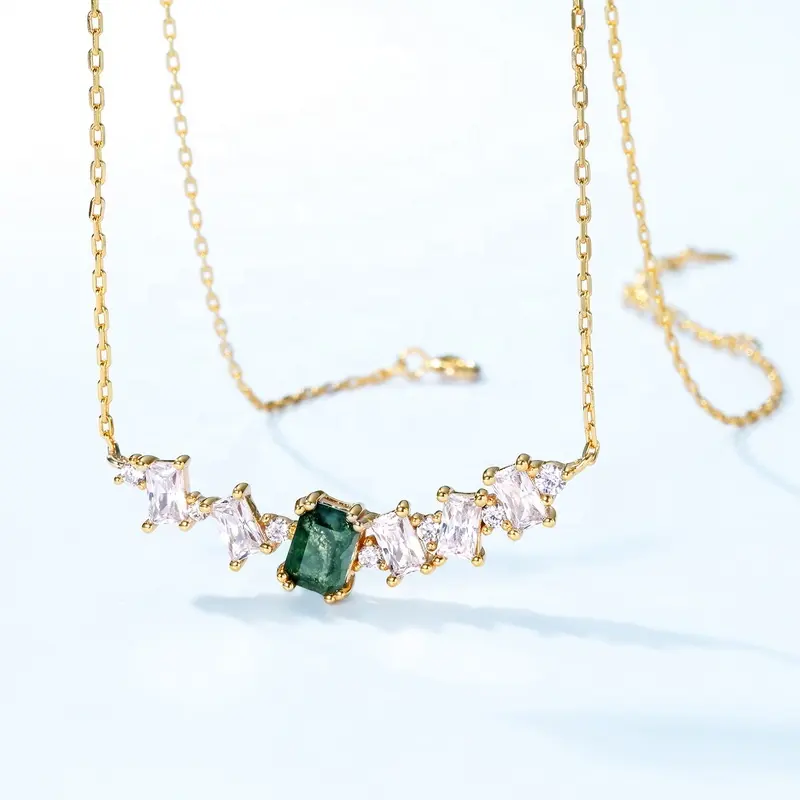 Luxury Jewelry Natural Moss Agate Crystals Pendant Shiny Baguette Zircon Rectangle Green Gemstone Pendant Necklace For Women