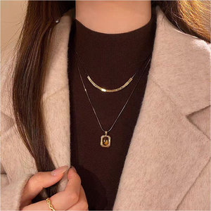 Collar de Ojo de Tigre de Moda <span class=keywords><strong>2026</strong></span> - Colgante con Bisel Cuadrado, Cadena de Doble Capa, Accesorio de Estilo para Otoño e Invierno - Product Image 3