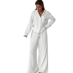 Pigiama lunga <span class=keywords><strong>da</strong></span> donna a doppio strato di <span class=keywords><strong>cotone</strong></span> crêpe in <span class=keywords><strong>cotone</strong></span> liscio semplice comodo <span class=keywords><strong>da</strong></span> indossare per la casa a maniche lunghe - Product Image 5