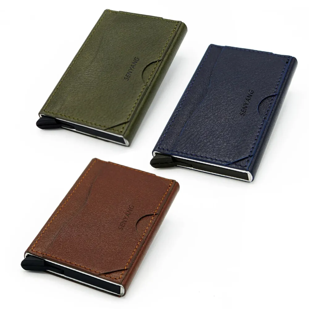 Durable and chic men leather wallet RFID protection leather card holder pop up aluminum card case