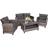 Mobilier d'extérieur en osier de haute qualité pour patio Table basse et chaise en verre trempé rembourrées en rotin pour 4 personnes avec 2 chaises