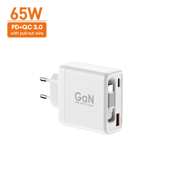 65W GaN Fast Charging Station with Type-c Retractable Cable 2 Ports 1A1C PD3.0 Wall Charger for Cellphones/Laptop/Tablet Etc