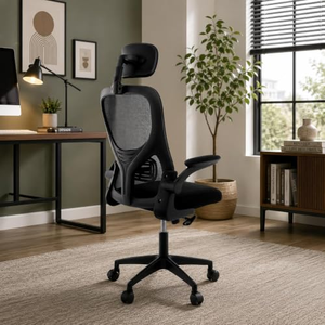 Chaise de bureau exécutive moderne, design ergonomique en maille, appui-tête réglable, fonction pivotante en nylon, base en métal chromé, mécanisme d'inclinaison - Product Image 5