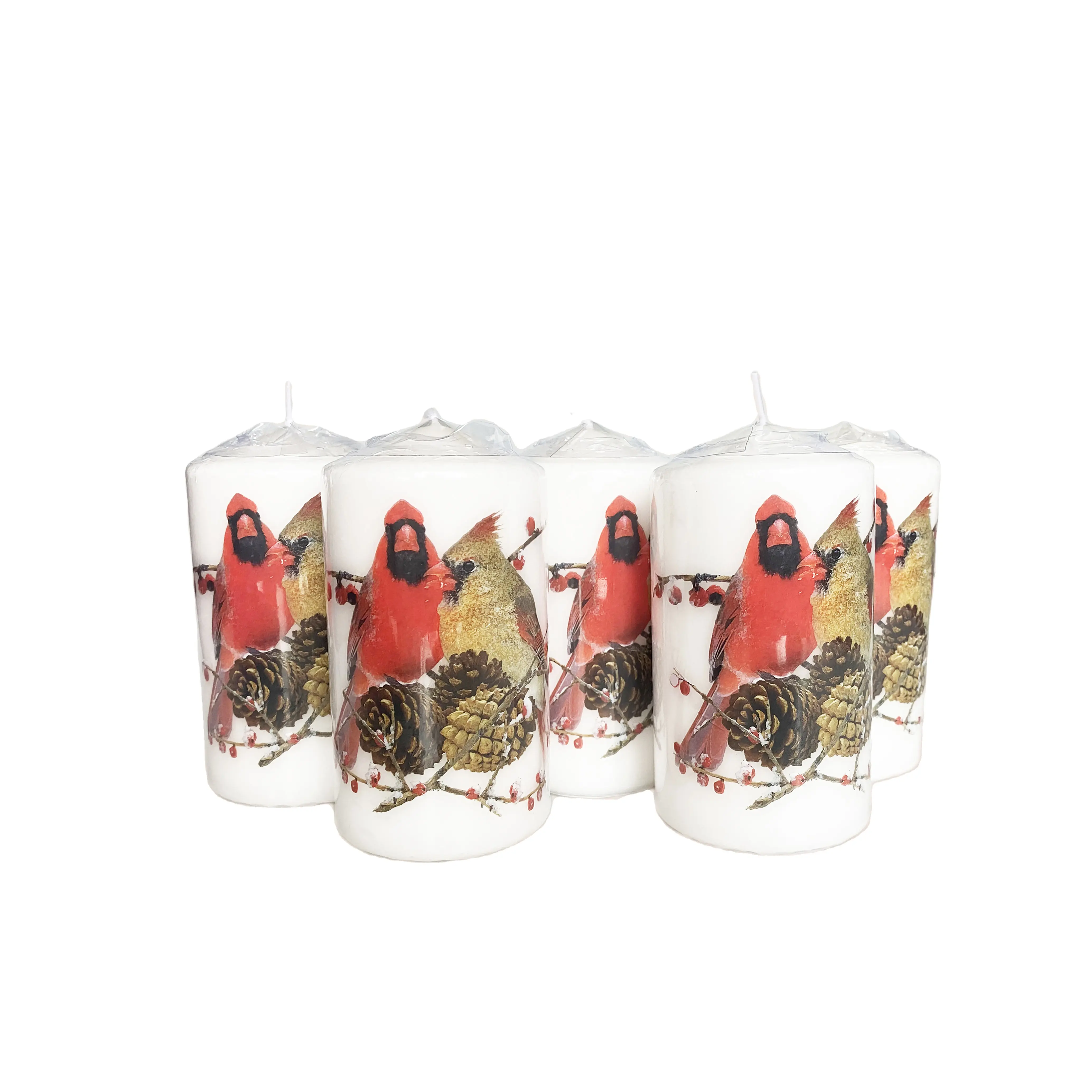 가정과 파티를위한 인기있는 개인 라벨 데칼 프레스 기둥 양초 (새와 소나무 콘)