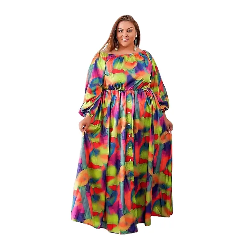 Customized Patterns Rainbow Colorful Tie-Dyed Pleated Fashion Women Maxi Dresses Long Sleeve Big Size Off Shoulder Print Dress