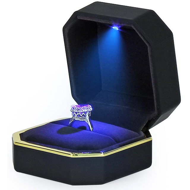 Custom Logo LED Velvet Leather Customized Color Aseptic Gold Foil Newest Style Square/Rectangle Ring Box with Free Design