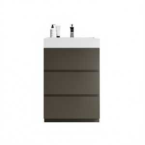 Meuble-lavabo de salle de bain moderne 24 pouces, finition grise, design autoportant, vasque en céramique, grand espace de rangement, lavabo blanc - Product Image 1