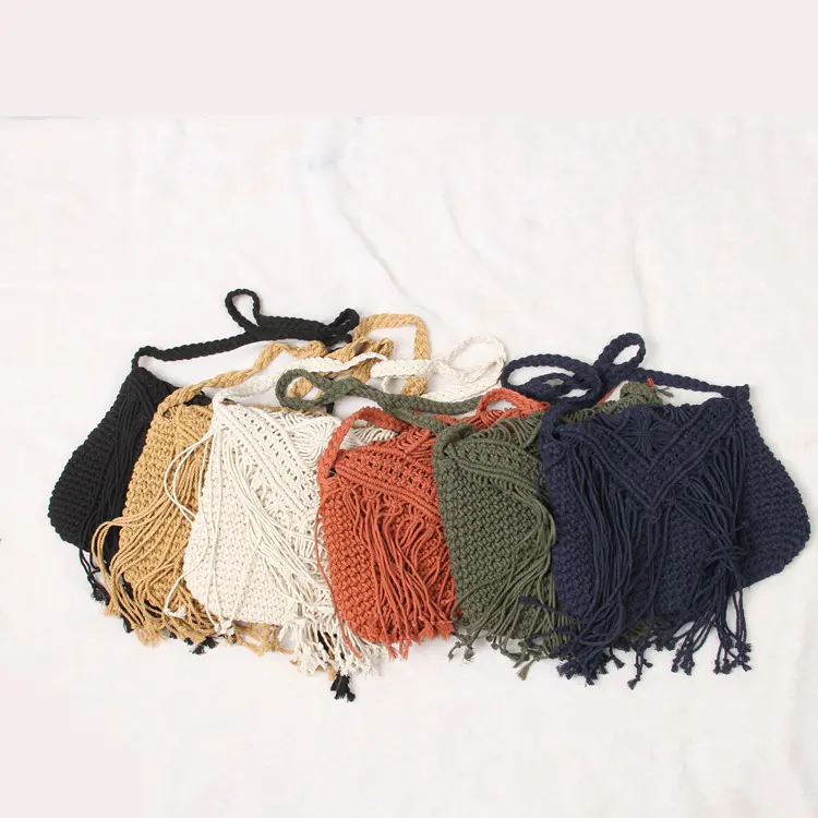 Simple handmade cotton rope straw women hand bags vintage tassels crochet Macrame beach bags clutch purses and handbags ladies