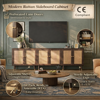 Credenza Moderna in Rattan con Ante in Canna, Mobile Contenitore in Legno Ingegnerizzato con Ripiani Regolabili, Salvaspazio, per Hotel, Smontato (RTA)