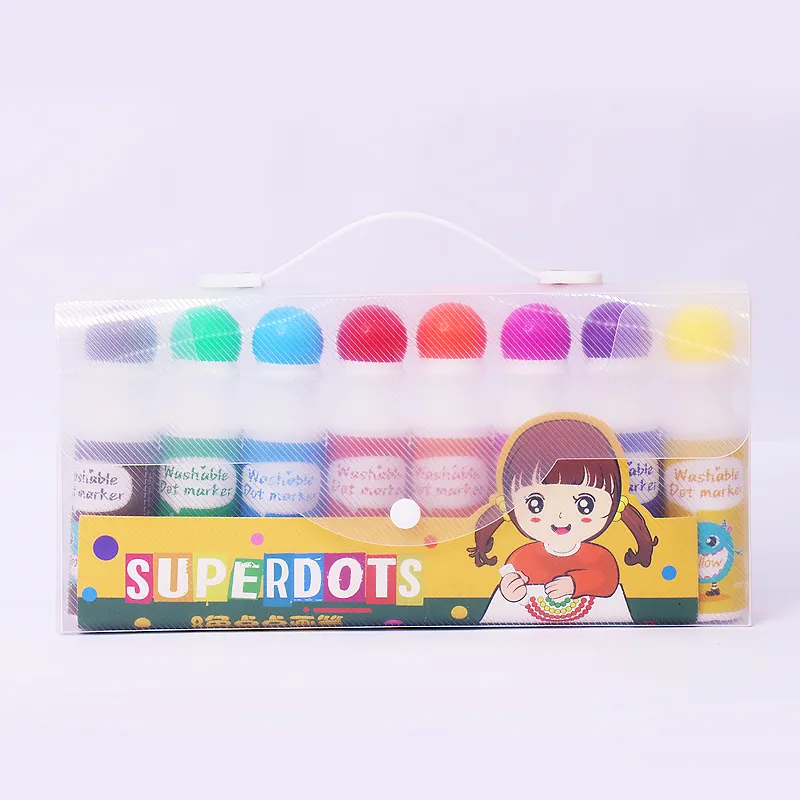 Super Durable Kids Drawing Marker Pen 8Colors Washable Dot Pen Set Baby Easy to grip non-toxic Portable Box