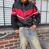 Vestes streetwear bicolores à fermeture éclair, épaules tombantes, patchwork, logo brodé personnalisé, vestes en polyester et nylon pour hommes