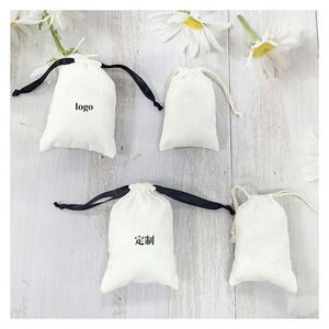 Custom Logo Printed <b>Gift</b> Linen String Dust Drawstring <b>Ribbon</b> Pouch Bag for Jewelry - Product Image 1