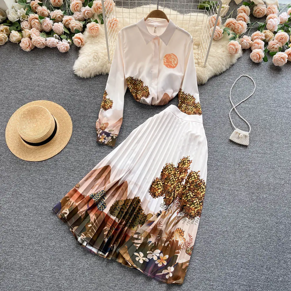 Hot Spring Long Sleeve Shirt Print Top With Pleated Elegant Fashion Two Piece Set
