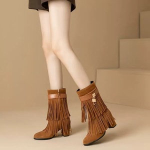 Botas Cortas Retro Hechas a Mano para Mujer, Otoño Invierno, Estilo Europeo Americano, Talla Grande, con Borlas y Tacón Alto - Product Image 2