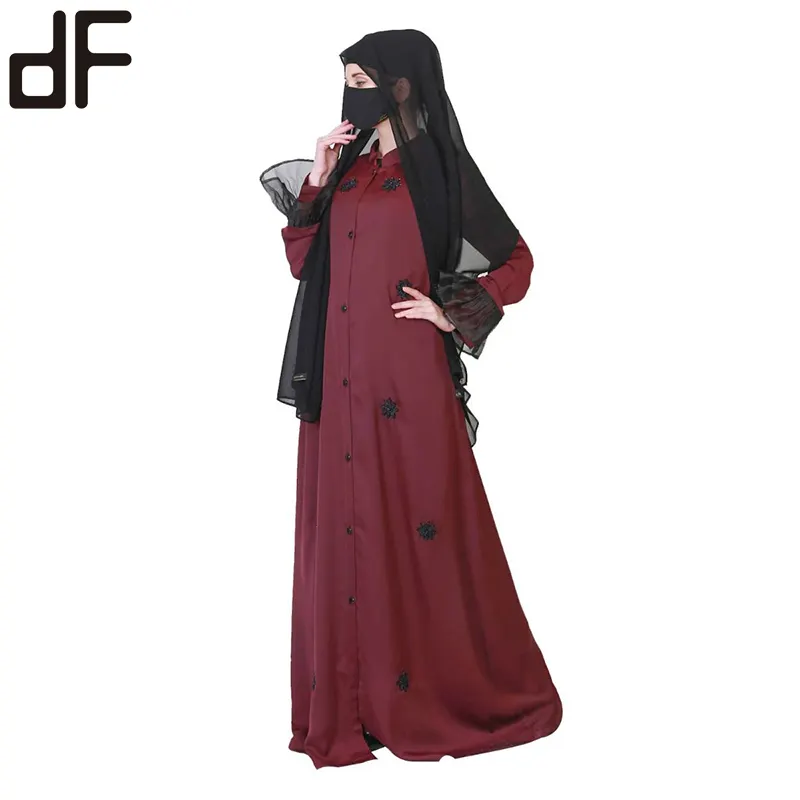 OEM kustom pakaian Islami desain terbaru gaun Muslim Abaya Saudi Uk Maroon depan terbuka renda bordir wanita Abaya