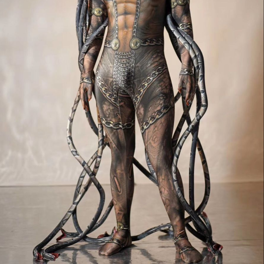 Комбинезон в виде змеи для Хэллоуина, вечеринки, мероприятия, инопланетянина, змеи, костюмы для косплея, крутой мужской комбинезон медузы, сиамское боди, танцевальная одежда для шоу и сцены