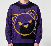 Pull en tricot pour homme rétro violet à motif de petit ours - Haut décontracté pour les amateurs de mode urbaine - Pull jacquard tricoté pour homme