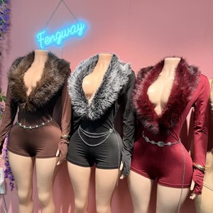 2026 सेक्सी फैशन फर पैचवर्क जंपसूट महिलाओं ठोस रंग गहरे v-गर्दन लंबी आस्तीन एक टुकड़ा रोपर्स - Product Image 3