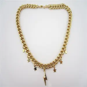 gold plated jewelry of curb chain with star flash charms necklace
