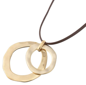 Boho Hammered Double <b>Ring</b> <b>Necklace</b> Adjustable Leather Rope Chain Vintage Long Statement Jewelry for Women SilverGold Tone - Product Image 4