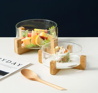 Bol à salade en verre transparent avec base en bois hautement esthétique, personnalisable, écologique, durable, de style européen, cadeaux d'affaires