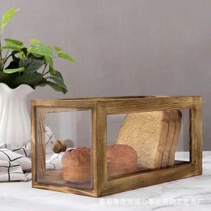 Wooden Acrylic Bread Box Rectangle Pull Out Storage Display <b>Kitchen</b> Food Container With Wooden Lid - Product Image 2