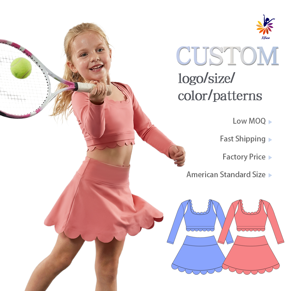 Girls Boutique Yoga Set Fitness & Yoga Wear Solid Color Long Sleeve Top Scallop Hem Built-In Shorts Custom Print