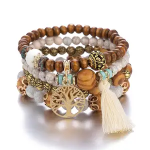 Bracelet de perles en bois avec pompon, arbre de vie porte-bonheur bohème, perles de bois multicouches, bracelet à breloques arbre de vie pour femmes