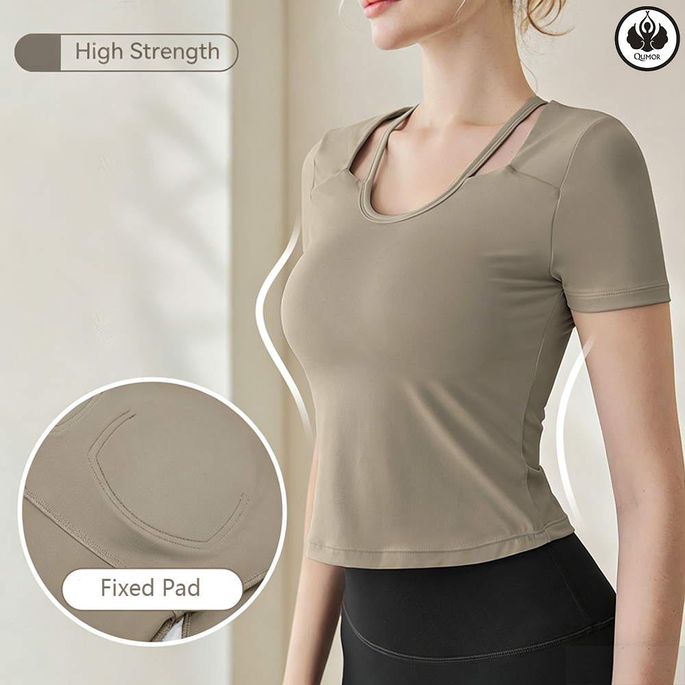 QUMOR Women's Sports Yoga Clothing Eco-Friendly Skinny Fit Lightweight Quick Dry Short Sleeve Training Top Breathable Front