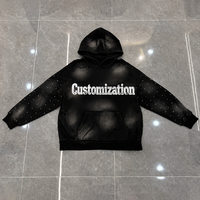 Sweat à capuche noir délavé pour homme, manches ornées de strass, pull personnalisé, poche kangourou, style streetwear oversize, fournisseurs, fabricants, vente en gros