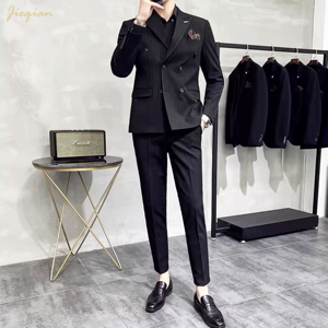 Abito da <span class=keywords><strong>uomo</strong></span> a righe 2026, 3 pezzi, in poliestere TR elasticizzato, viscosa e spandex, lavabile in lavatrice, <span class=keywords><strong>doppiopetto</strong></span>, all'ingrosso - Product Image 1