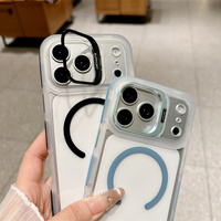 Coque de téléphone en PC transparent avec support d'objectif métallique pliable pour iPhone 14 13 12 17 18 Pro Max 15 16 Plus, compatible avec la charge magnétique et cadre antidérapant