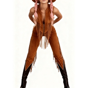 Mono de moda para mujer, estilo vintage, con flecos y borlas, de ante marrón, estilo western - Product Image 5
