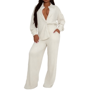 Women's Stretch Long-Sleeve Multiple Pockets Shirt With Pressed Creases Wide-Leg <b>Pants</b> Casual 2-Piece Set Fashion - Product Image 4