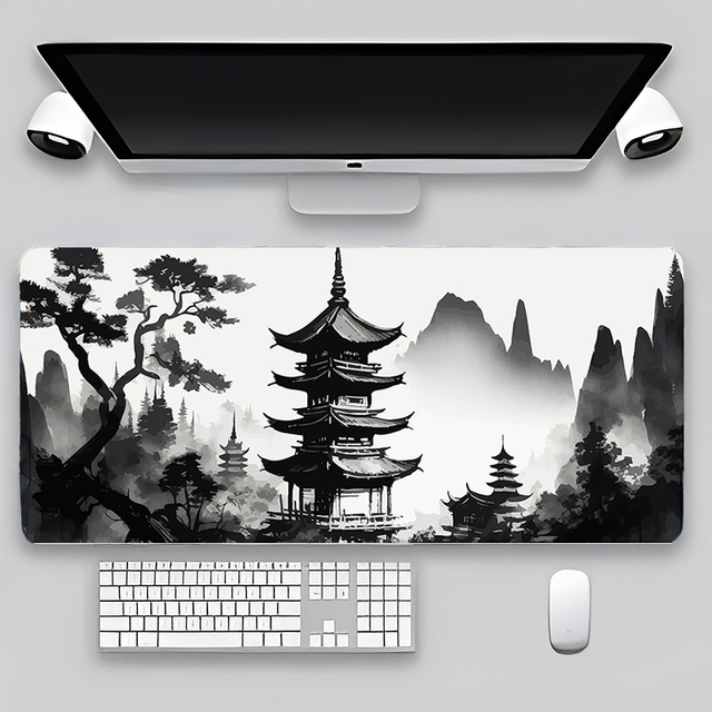 Custom Ink Painting Mountain Japantemple Large XXL Extended Natural Rubber Microfiber Cloth Gaming Desk Mat Mouse Pad
