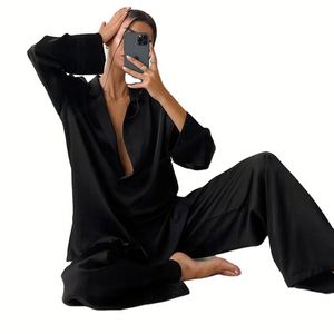 WanBao pijamas de cintura elástica tejida de seda suave multicolor para la familia, conjunto de ropa de salón de satén para verano, otoño y primavera - Product Image 1