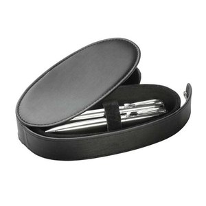 Set di penne a sfera in scatola, custodia ovale in stile pelle nera, 4 penne incluse - Product Image 1