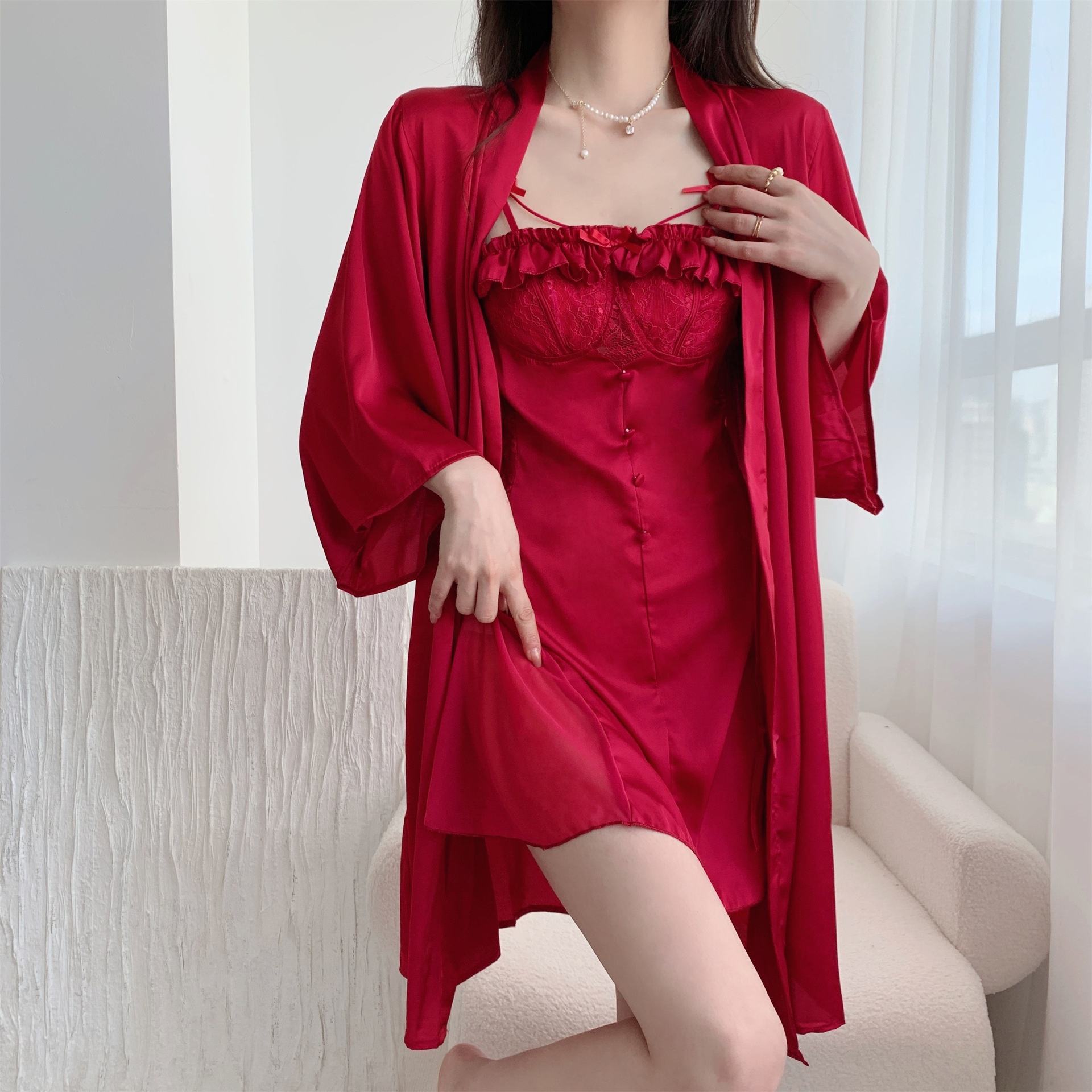 Pieces Backless Sexy Honeymoon Nighty Vintage See Through Nightdress  Sleepwear Robe Set Allure Nightgowns for Women