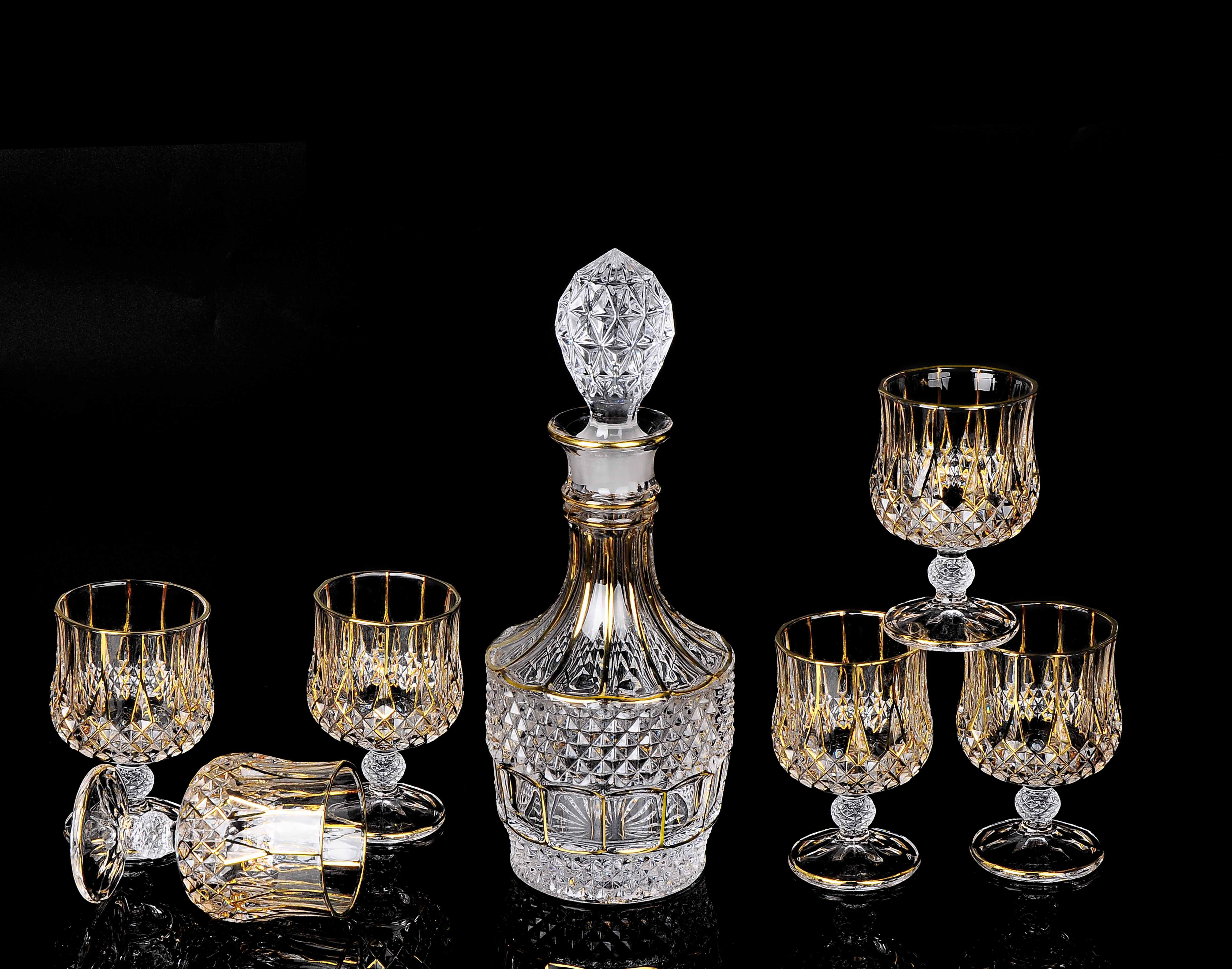 Набор Винных Бокалов N5, Хрустальный графин с шестью бокалами, золотая линия, 750 мл