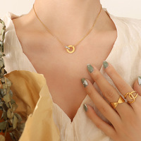 Ensemble de bijoux en zircon plaqué or pour femmes, collier, boucles d'oreilles, bracelet, bracelet, double anneau, tendance
