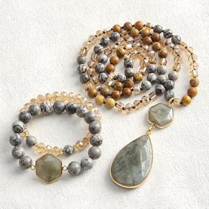 Primavera moda bohemio estilo Retro hexágono piedra Natural cristal collar largo 2 uds pila pulsera conjunto de joyería - Product Image 3