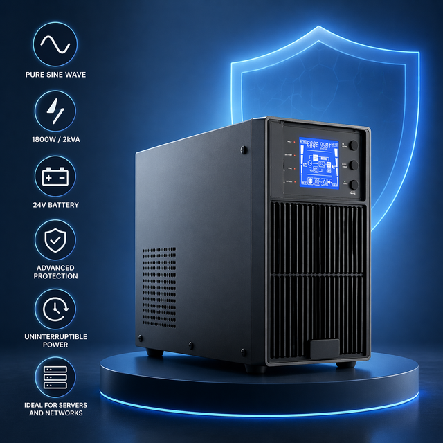 2kVA 1800W Single Pure Sine Wave Built in 24V Battery Data Center Server Network Backup Online Uninterruptible Power Supply